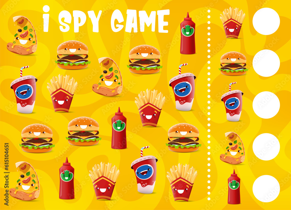 Poster i spy game, funny cartoon takeaway fast food characters, vector quiz worksheet. pizza, cheeseburger 