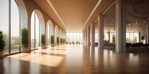 A beautiful modern spacious office hall with panoramic windows and a perspective in pleasant natural beige and brown tones