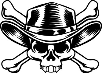 A cowboy grim reaper skull wearing a country or western style hat with pirate cross bones