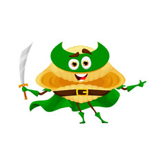 Cartoon Italian conchiglioni pasta superhero character or funny guardian, vector kids super hero. Cute Italian pasta food personage, conchiglioni in defender mask and power cape with magic sword