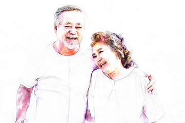 Digital painting and drawing of Happy asian senior retired couple, relax smiling elder man and woman enjoying with retired vacation at sea beach outdoor. Health care, Family outdoor lifestyle