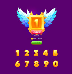 Game level up win badge with numbers and digits. Game task complete win symbol, gambling app achievement vector icon or arcade success rank sign. Videogame victory award golden shield with wings - obrazy, fototapety, plakaty