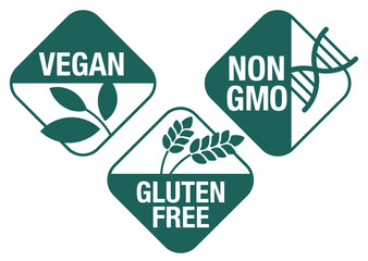 Vegan, Non-GMO, Gluten free - rhombic icons set