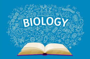 Biology textbook on school chalkboard background, vector education book. Biology classes open textbook with chalk doodle DNA molecule, microorganism cells and microscope for student science study - obrazy, fototapety, plakaty