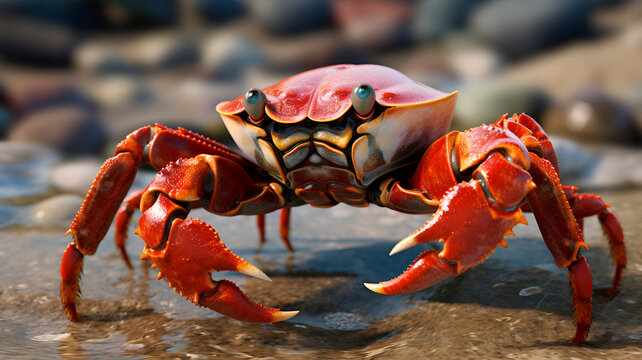 Red yellow live crab on seashore photography. Close up crab claws pincers up wild nature shell water creature photo