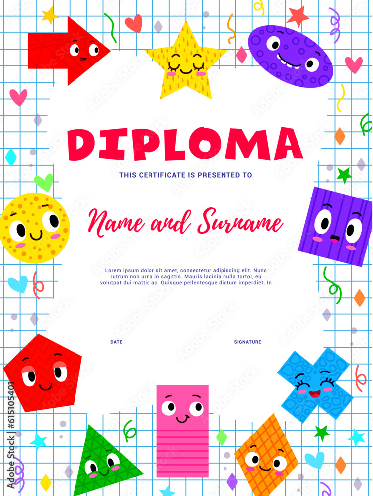 Aufkleber kids diploma with math shape characters for education certificate vector background. funny geometry 