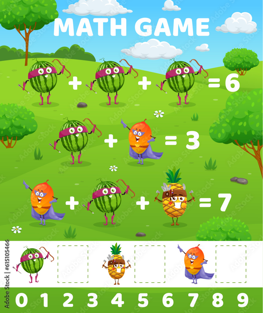 Poster watermelon, mango and pineapple characters, math game worksheet, vector mathematics quiz. funny cart