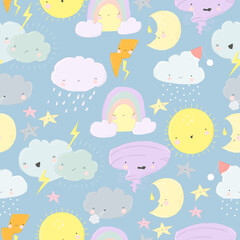 Seamless Pattern with Cute Cartoon Weather on Blue Background