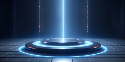 Beautiful modern futuristic podium with neon blue lighting for product presentation