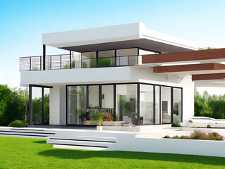 3D visualization of a modern one-story house with a flat roof and a terrace Evening, illumination. Architecture, building. flat roof house