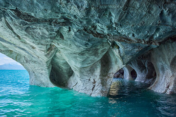 Majestic landscapes in Marble Caves in Chilean Patagonia - obrazy, fototapety, plakaty