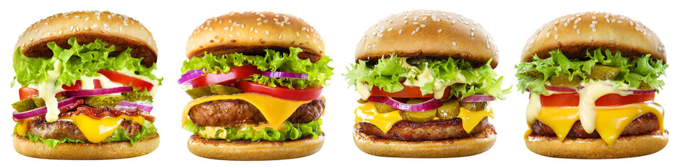 Set of tasty burgers cut out
