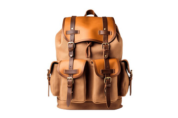 Tan Backpack with Brown Straps Transparent Isolated. AI