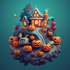 Illustration halloween background with pumpkins and moon generated with AI