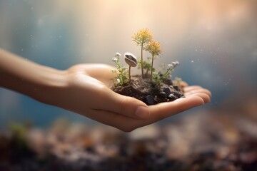 Fototapeta premium A soil and Tiny Flower in the palm of hand. Created with Generative AI Technology
