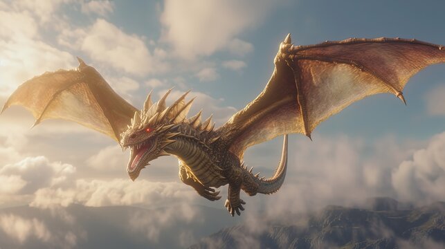 illustration fiction fantasy, a gold dragon fly in sky, Generative Ai