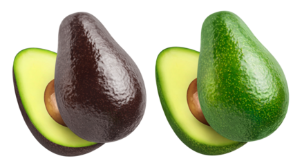 Set of delicious green and black halved avocado fruits, cut out