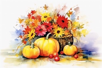 Naklejka na ściany i meble Watercolor illustration of pumpkins and autumn flowers. Generative AI