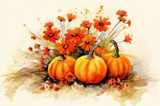 Watercolor illustration of pumpkins and autumn flowers. Generative AI