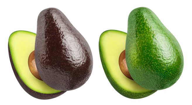 Set of delicious green and black halved avocado fruits, cut out