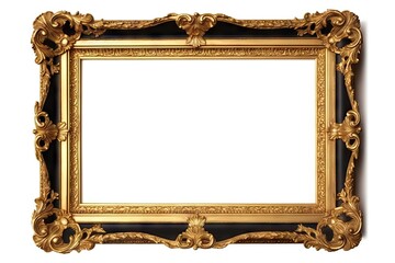 Luxurious vintage. Retro decor. Empty wooden black and gold frame isolated on white background