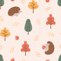 Fall seamless pattern with cute hedgehogs, autumn trees and an apple. Woodland theme background. Perfect for decorating kids' projects. Hand drawn vector illustration. © Julia Me