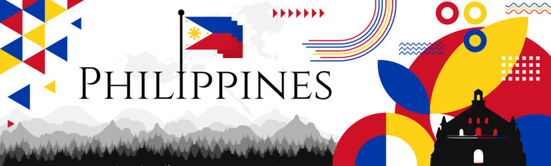 The Philippines Independence Day abstract banner design with flag and map. Flag color theme geometric pattern retro modern Illustration design. Blue, red, yellow and white color template.