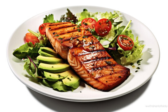Grilled salmon fish salad with tomatoes and avocado on plate isolated on white background