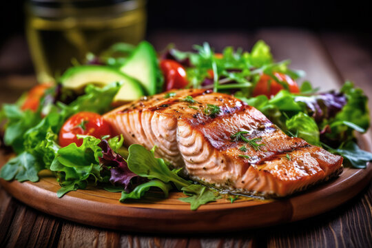 Grilled Salmon Fish Salad With Tomatoes And Avocado On Plate On Wooden Table