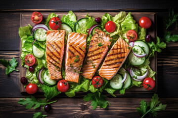 Grilled salmon fish salad with tomatoes and avocado and wooden background. Top view