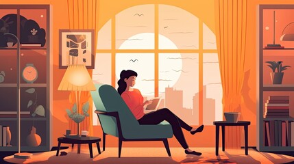 Fototapeta premium Woman reading an e-book flat illustration - Generative AI.
