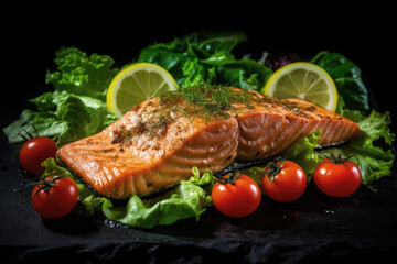 Grilled salmon fish salad with tomatoes and avocado on plate and black background
