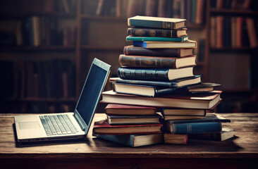stacked books, laptop, work, books, generative ai