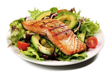 Grilled salmon fish salad with tomatoes and avocado on plate isolated on white background