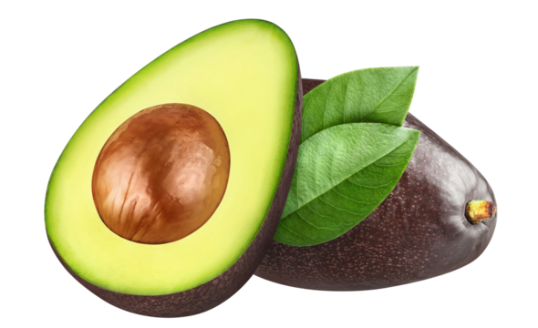 Delicious avocado fruits with leaves, cut out