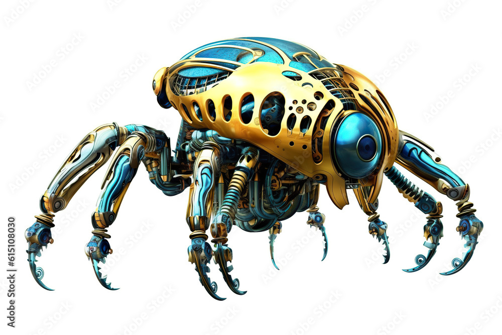 Poster a close up of a robot spider on a white background. generative ai.