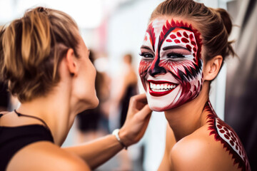 Woman getting her face painted by another woman in a colorful and creative way.