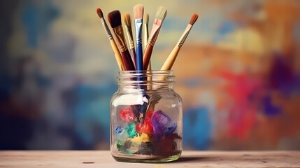 Mason Jar with Colorful Paintbrushes - obrazy, fototapety, plakaty
