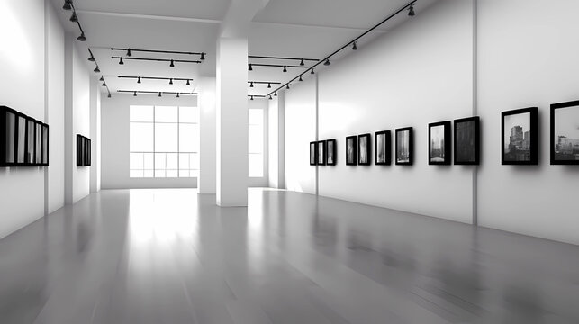 A minimalist art gallery hosting an exhibition, contemporary art, gallery, exhibition