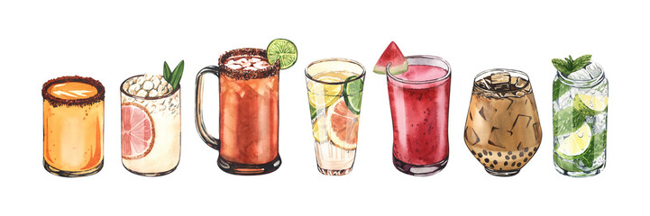 Watercolor cocktail glasses set: martini, gin, wine, margarita, goblet, liquor, rum. Hand-drawn illustration isolated on white background. Perfect for recipe lists with alcoholic drinks, for cafe