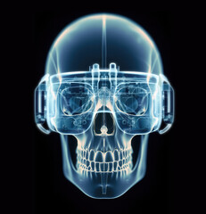 X-ray of skull wearing VR goggles on black background, generative AI