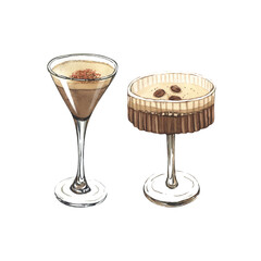 Watercolor set glass of espresso martini with coffee grain. Hand-drawn illustration isolated on white background. Perfect for recipe lists with alcoholic drinks, brochures for cafe, bar