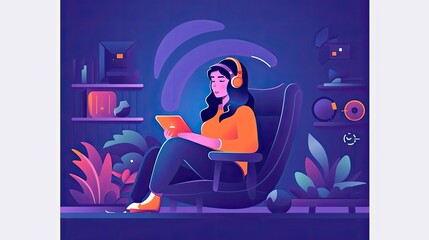 Woman using a tablet computer for leisure flat illustration - Generative AI.