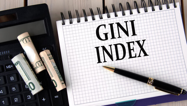 GINI INDEX - words in a notebook on the background of a calculator and banknotes
