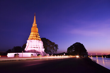 land scape of ancient and old pagoda in history temple , Ayutthaya. Night time