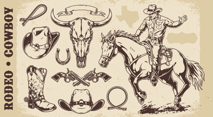 Fototapeta na wymiar Rodeo cowboy monochrome set stickers