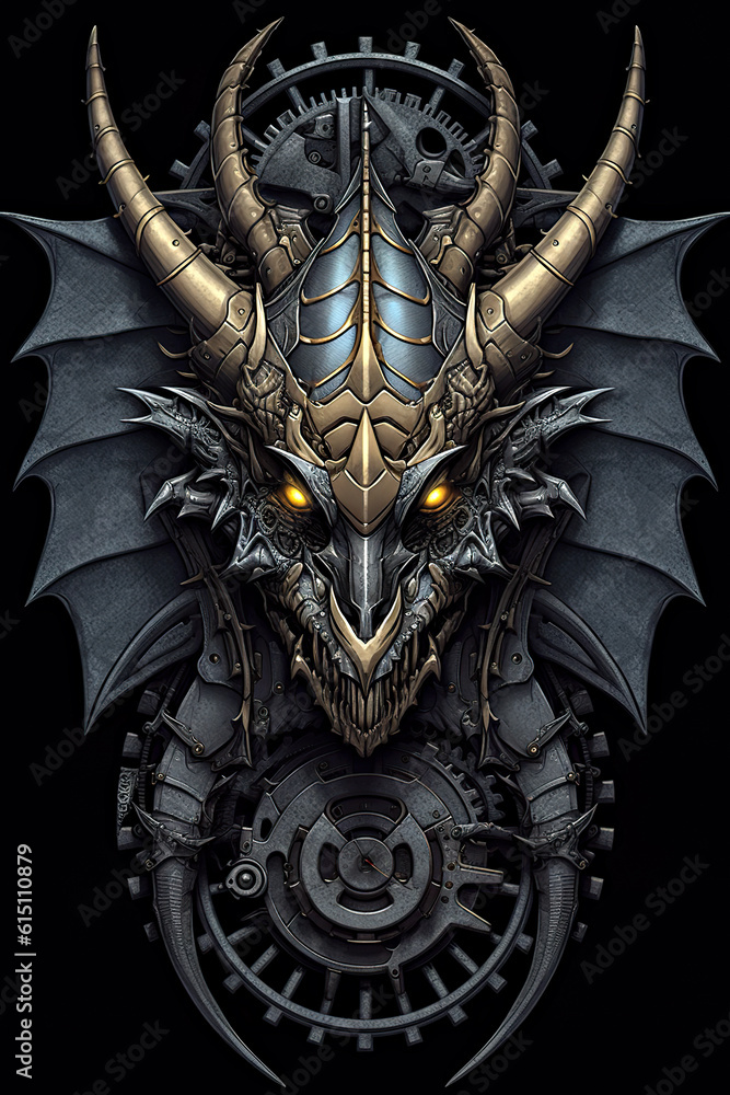 Poster a close up of a dragon's head with a clock in the background. generative ai.