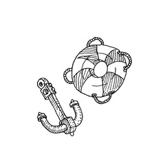 hand drawn line art of an anchor and a ships life buoy.