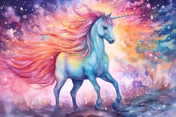 Naklejka na ściany i meble A illustration of a majestic unicorn surrounded by sparkling stars and rainbows