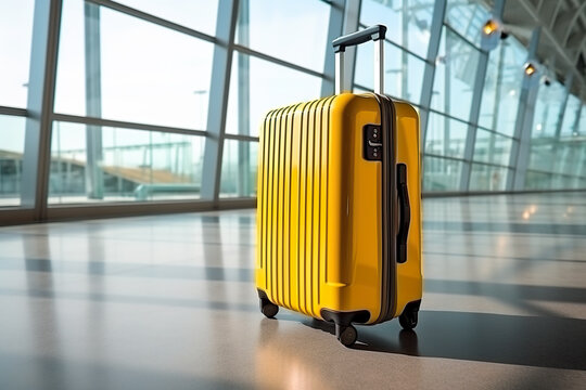 A yellow suitcase sitting in an airport terminal. Generative AI.